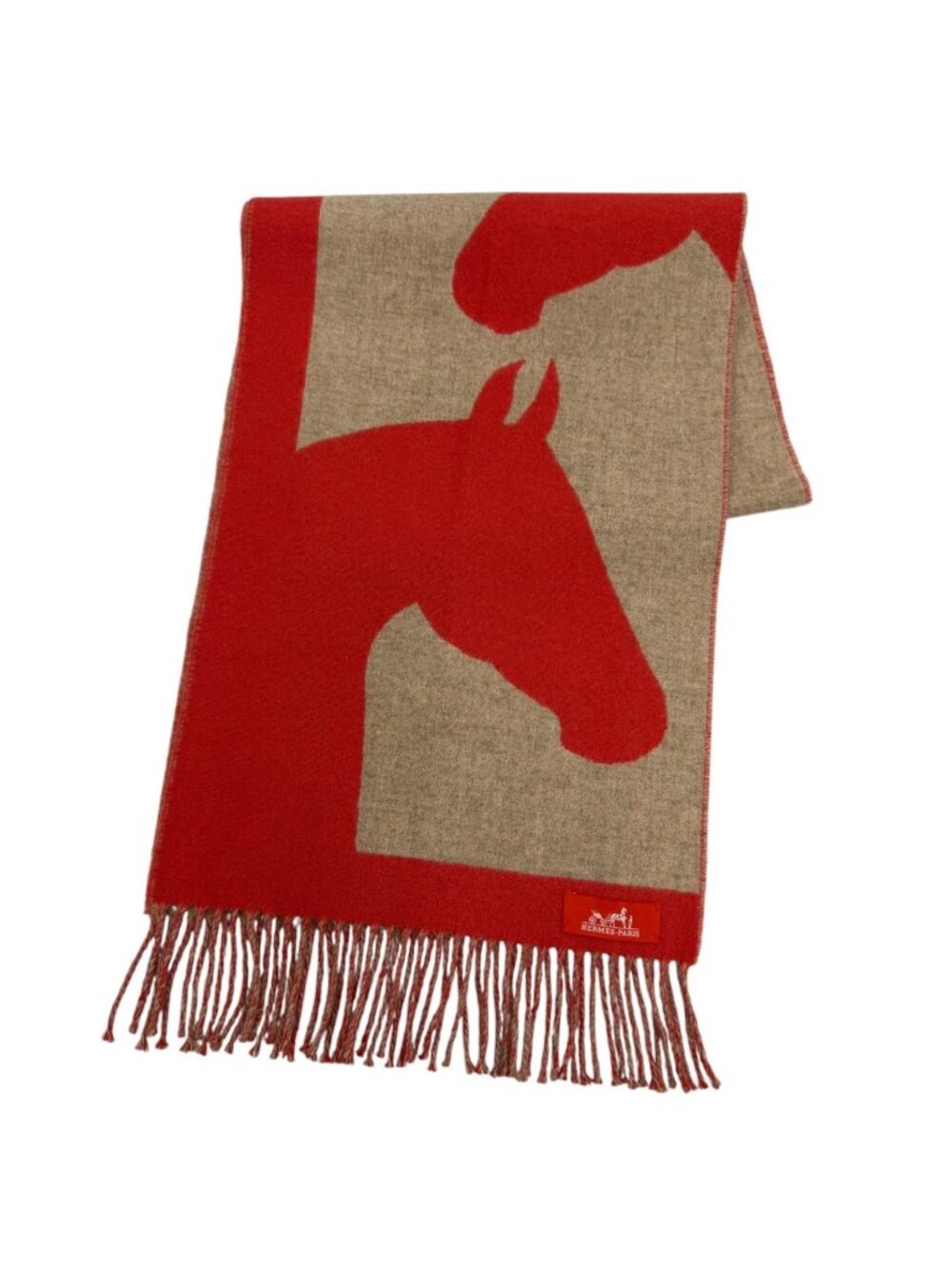 Hermes Love Story Scarf Cashmere 100% with Fringe Horse Pattern Red Beige